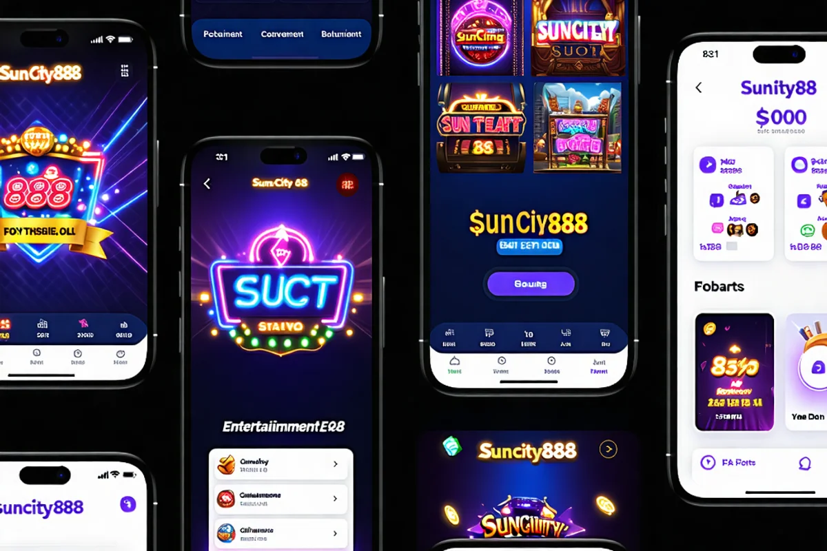 Trưng bày các tính năng nổi bật của ứng dụng Suncity888 trên nhiều màn hình điện thoại