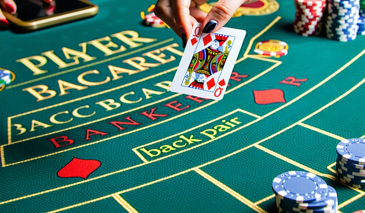 Hình ảnh cận cảnh một bàn Baccarat trực tuyến tại suncity888, hiển thị rõ các khu vực đặt cược Player, Banker, Tie và các cửa phụ, với Dealer chuyên nghiệp đang chia bài.