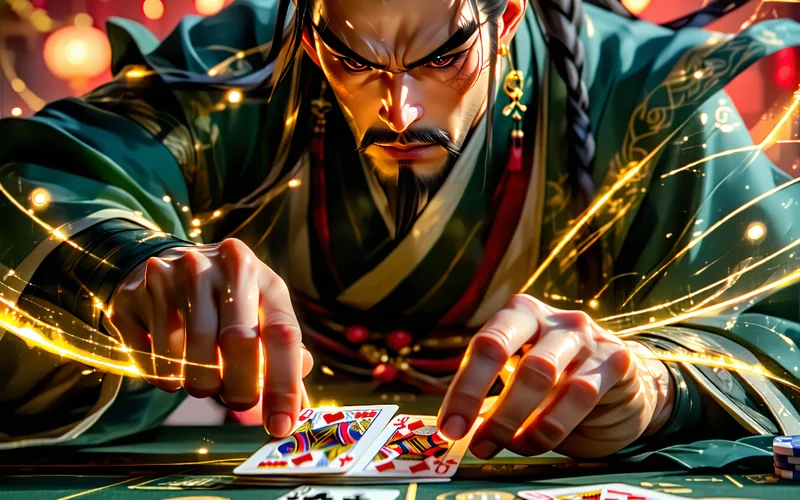 Người chơi Đấu Địa Chủ đang suy nghĩ về chiến thuật gọi bài, thể hiện sự căng thẳng và tính toán, với ánh sáng vàng từ logo Suncity888