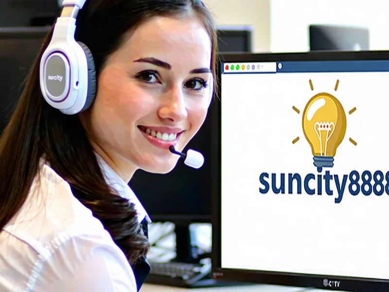 Hình ảnh một nhân viên chăm sóc khách hàng Suncity888 đang tư vấn qua tai nghe và máy tính, với nụ cười thân thiện và biểu tượng chat trực tuyến nổi bật, thể hiện dịch vụ hỗ trợ 24/7 chuyên nghiệp và tận tâm.