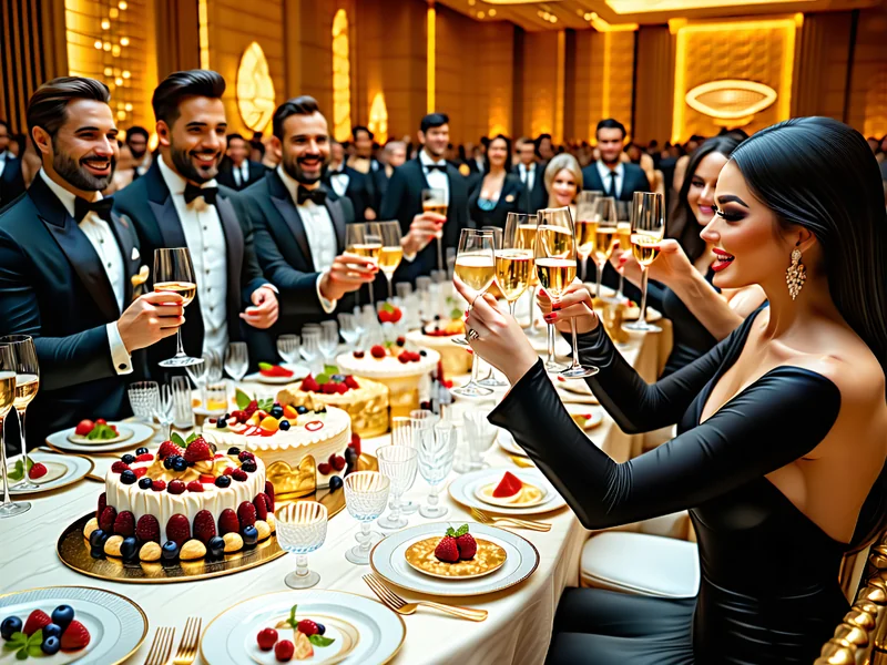 Hình ảnh một bữa tiệc VIP sang trọng với ánh đèn lấp lánh, người tham dự lịch lãm và không khí vui vẻ, thể hiện các sự kiện offline của Suncity888.