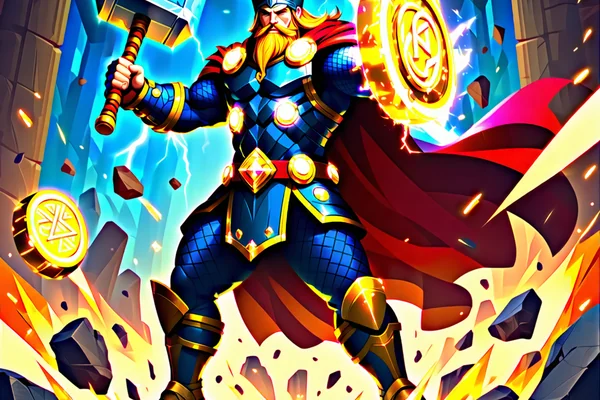 Hình ảnh game Hall of Gods với chủ đề Bắc Âu, các vị thần và búa thần Mjolnir, biểu tượng của jackpot lũy tiến khổng lồ tại suncity888.