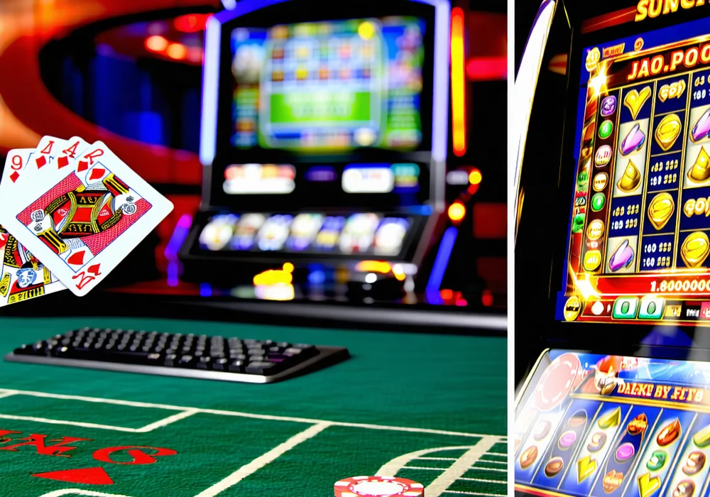 Hình ảnh tổng hợp nhiều trò chơi phổ biến tại Suncity888 như bàn Baccarat với dealer trực tuyến, máy slot game rực rỡ, sân bóng đá ảo và bàn cược thể thao, thể hiện sự đa dạng và phong phú của các lựa chọn giải trí.