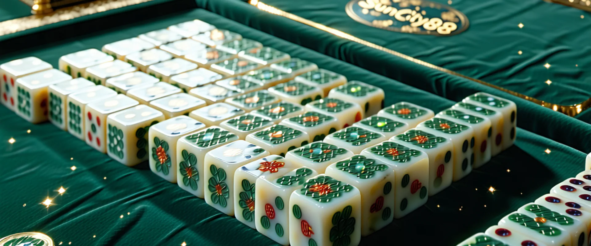Hình ảnh giới thiệu trò chơi Mahjong tại Suncity888, bàn mạt chược và các quân bài vàng đen