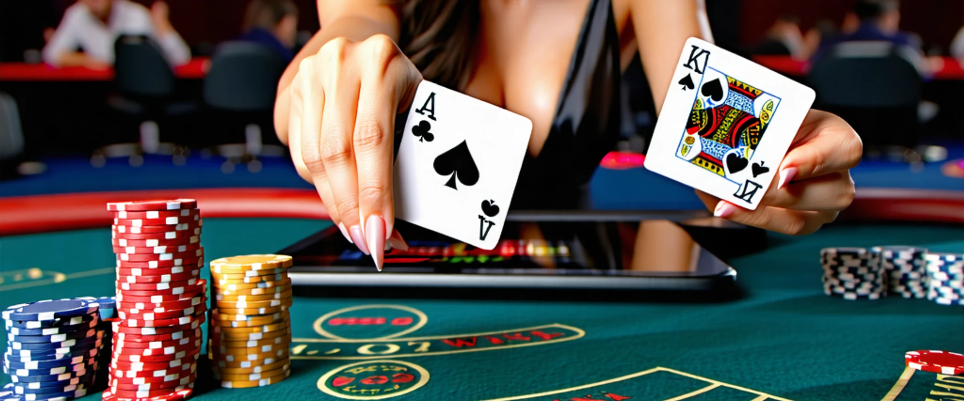 Bàn chơi Blackjack trực tiếp sôi động tại suncity888 với người chia bài thật và chip bài vàng đen