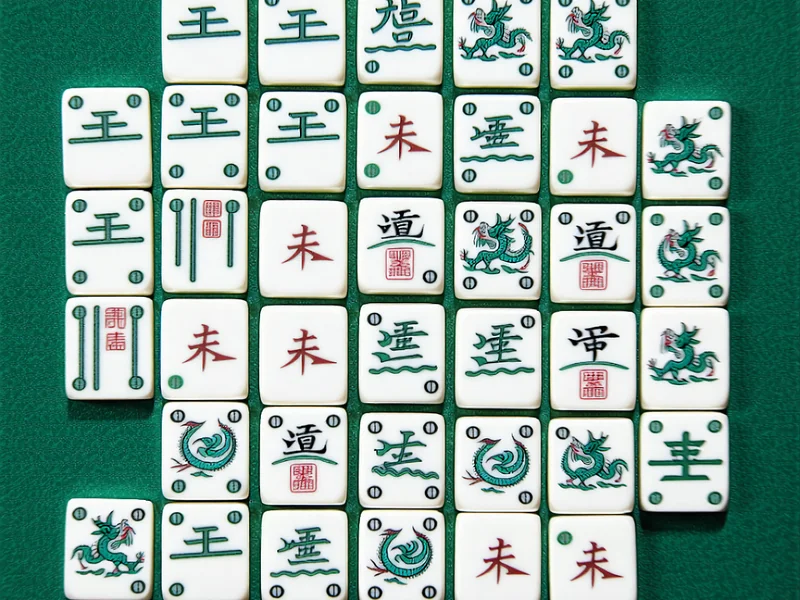 Hình ảnh các quân bài Mahjong được sắp xếp gọn gàng trên bàn, thể hiện các loại quân số và quân chữ