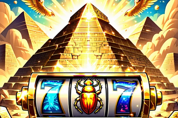Hình ảnh trò chơi máy đánh bạc chủ đề Ai Cập cổ đại với Pharaoh, kim tự tháp, các biểu tượng huyền bí và tiền vàng rực rỡ