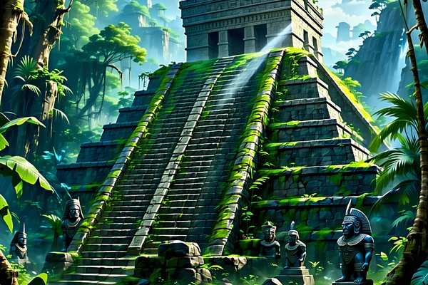 Hình ảnh trò chơi máy đánh bạc chủ đề văn minh Aztec với các đền thờ cổ kính, vàng bạc châu báu và biểu tượng bộ lạc bí ẩn