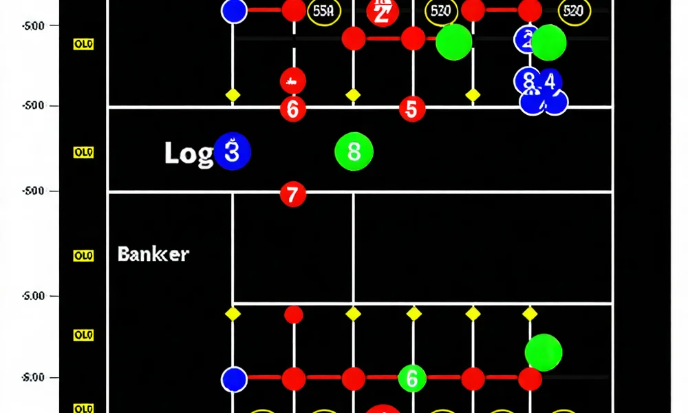 Biểu đồ hiển thị các mẫu đường cầu Baccarat phổ biến như cầu bệt, cầu đôi, và cầu bán cái, với các chấm đỏ và xanh, giúp người chơi tại suncity888 phân tích và dự đoán kết quả.