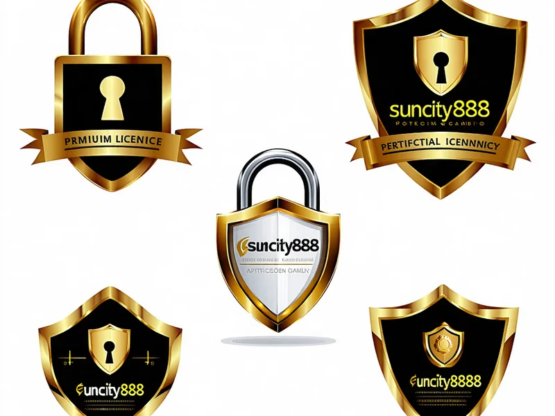 Biểu tượng chứng nhận uy tín và an toàn của Suncity888, với các huy hiệu bảo mật và giấy phép, trên nền vàng đen