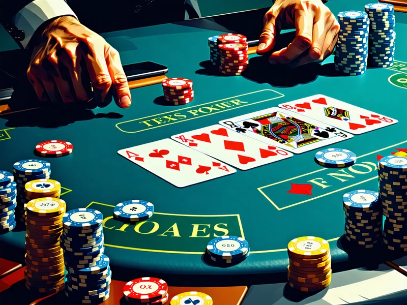 Bàn chơi Poker Texas Hold'em với các lá bài và chip, người chơi đang đặt cược